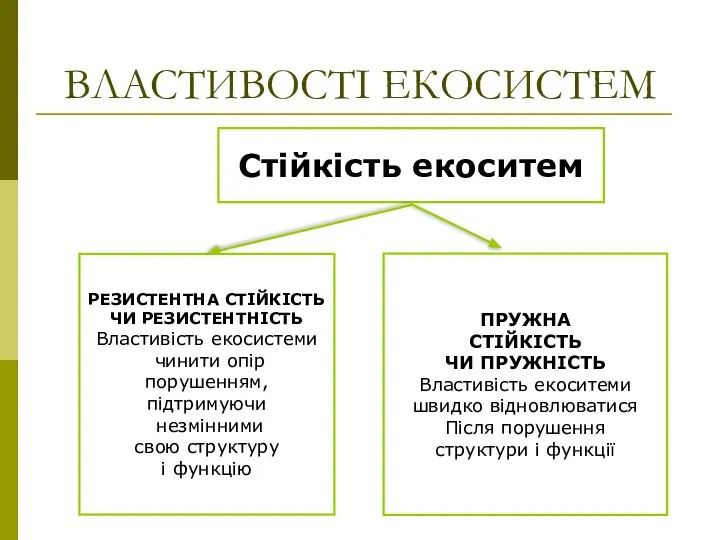 ВЛАСТИВОСТІ ЕКОСИСТЕМ Стійкість екоситем РЕЗИСТЕНТНА СТІЙКІСТЬ ЧИ РЕЗИСТЕНТНІСТЬ Властивість екосистеми чинити