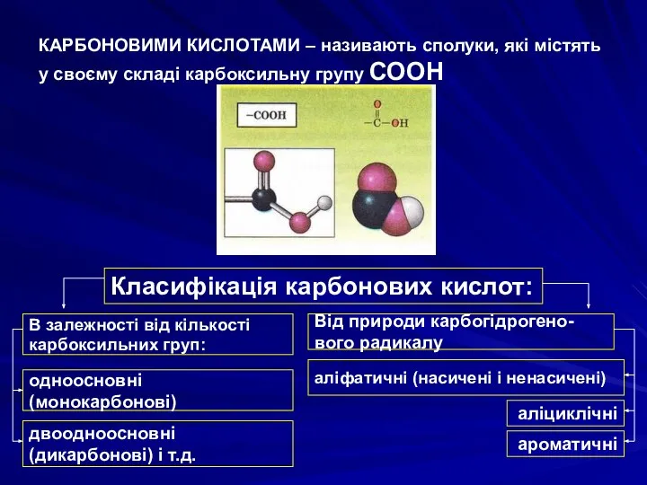 КАРБОНОВИМИ КИСЛОТАМИ – називають сполуки, які містять у своєму складі карбоксильну