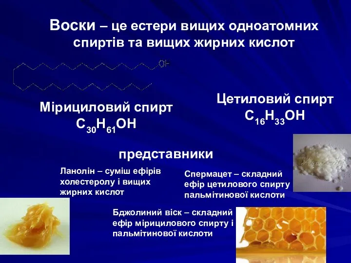 Воски – це естери вищих одноатомних спиртів та вищих жирних кислот