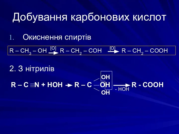 Добування карбонових кислот Окиснення спиртів R – CH3 – OH R