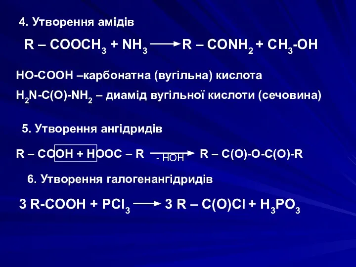 4. Утворення амідів R – COOCH3 + NH3 R – CONH2