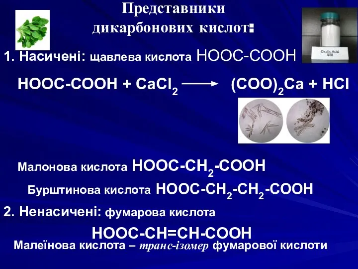 Представники дикарбонових кислот: 1. Насичені: щавлева кислота НООС-СООН НООС-СООН + CaCl2