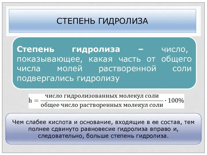 СТЕПЕНЬ ГИДРОЛИЗА Степень гидролиза – число, показывающее, какая часть от общего