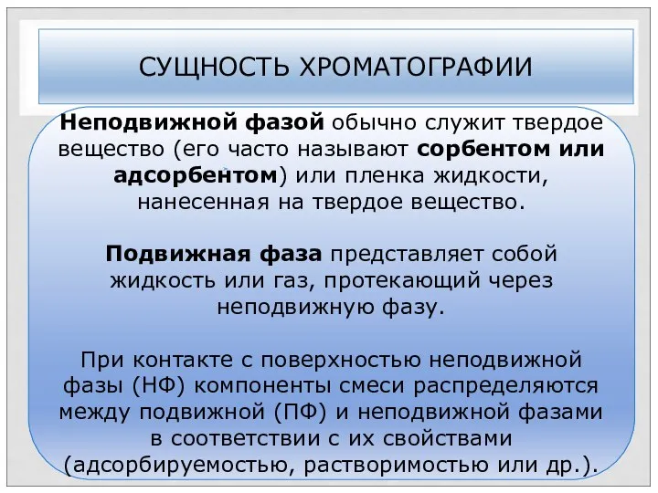 СУЩНОСТЬ ХРОМАТОГРАФИИ Неподвижной фазой обычно служит твердое вещество (его часто называют