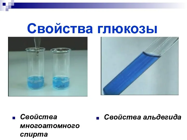 Свойства глюкозы Свойства многоатомного спирта Свойства альдегида