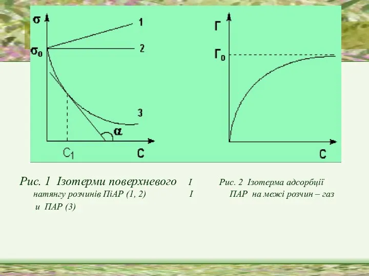 Рис. 1 Ізотерми поверхневого І Рис. 2 Ізотерма адсорбції натянгу розчинів