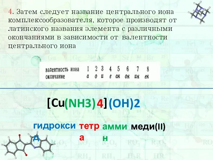 4. Затем следует название центрального иона комплексообразователя, которое производят от латинского