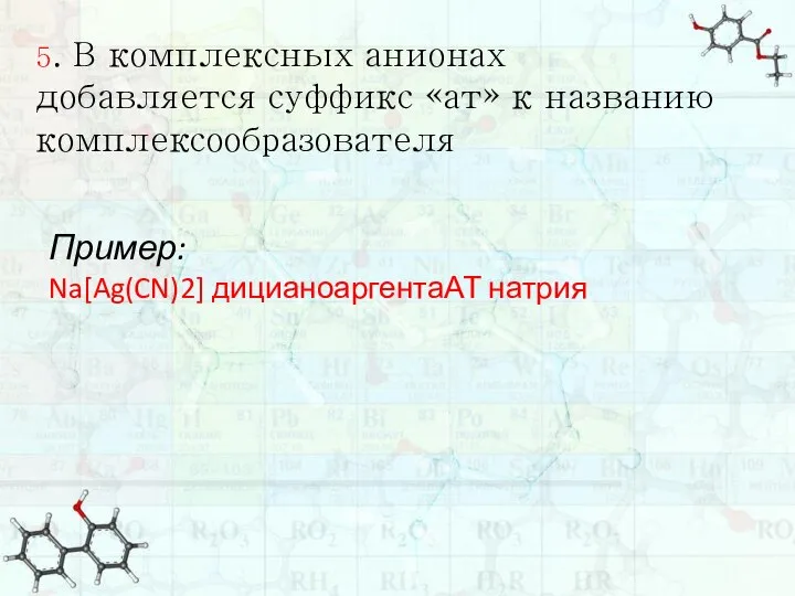 5. В комплексных анионах добавляется суффикс «ат» к названию комплексообразователя Пример: Na[Ag(CN)2] дицианоаргентаАТ натрия