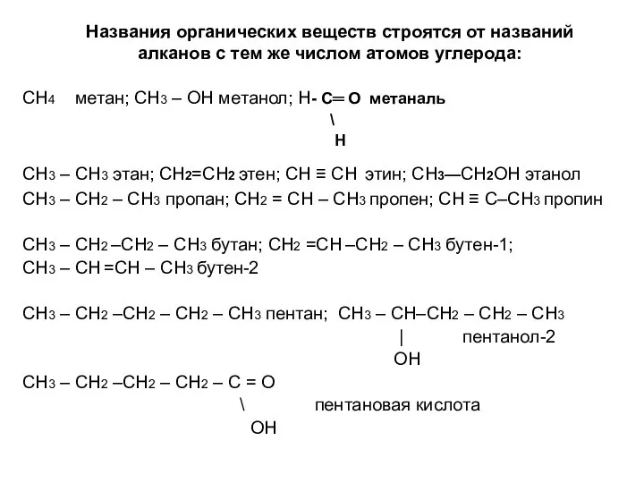 Названия органических веществ строятся от названий алканов с тем же числом