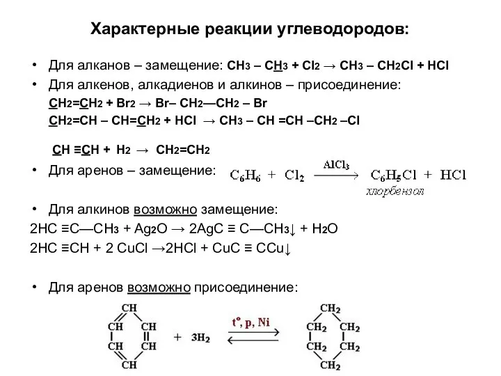 Характерные реакции углеводородов: Для алканов – замещение: CH3 – CH3 +