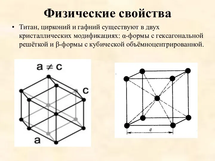 Физические свойства Титан, цирконий и гафний существуют в двух кристаллических модификациях: