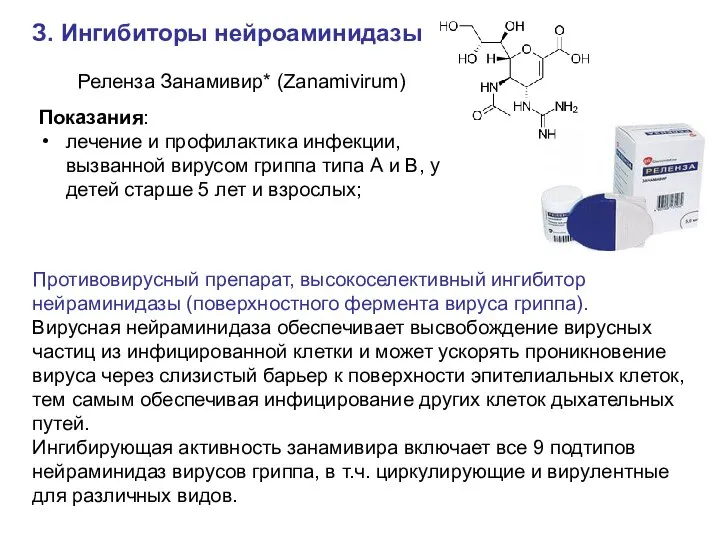 З. Ингибиторы нейроаминидазы Реленза Занамивир* (Zanamivirum) Показания: лечение и профилактика инфекции,