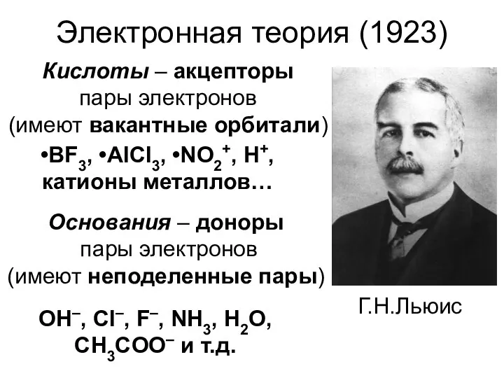 Электронная теория (1923) Кислоты – акцепторы пары электронов (имеют вакантные орбитали)