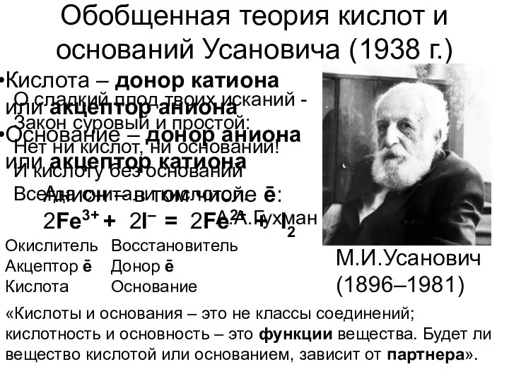 Обобщенная теория кислот и оснований Усановича (1938 г.) М.И.Усанович (1896–1981) «Кислоты