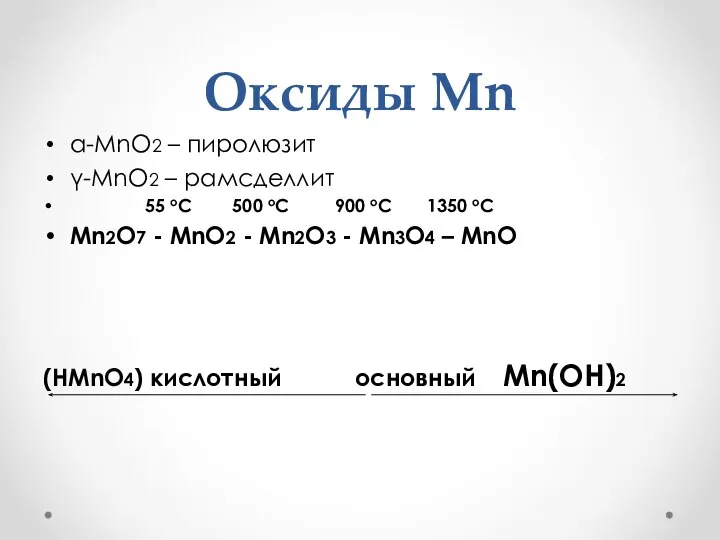 Оксиды Mn α-MnO2 – пиролюзит γ-MnO2 – рамсделлит 55 oC 500