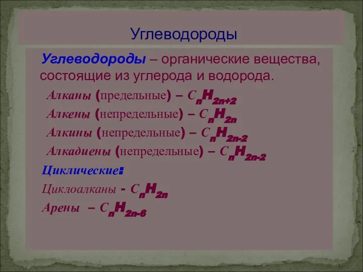 Углеводороды – органические вещества, состоящие из углерода и водорода. Алканы (предельные)