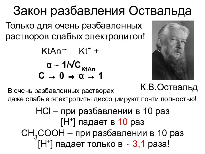 Закон разбавления Оствальда К.В.Оствальд Только для очень разбавленных растворов слабых электролитов!