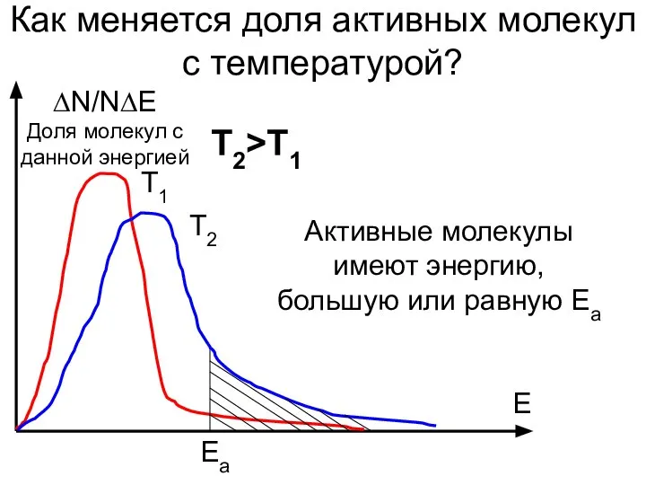 Как меняется доля активных молекул с температурой? ∆N/N∆E Доля молекул с