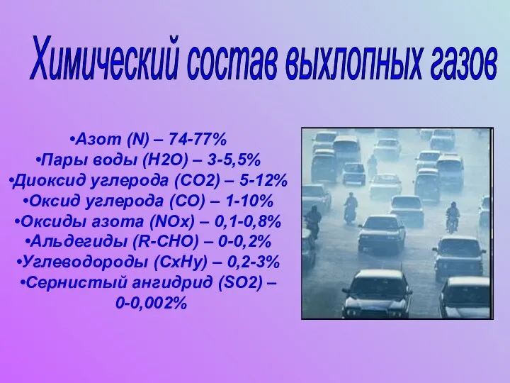 Химический состав выхлопных газов Азот (N) – 74-77% Пары воды (H2O)