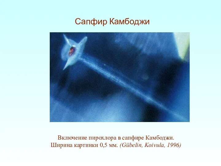 Включение пирохлора в сапфире Камбоджи. Ширина картинки 0,5 мм. (Gübelin, Koivula, 1996) Сапфир Камбоджи