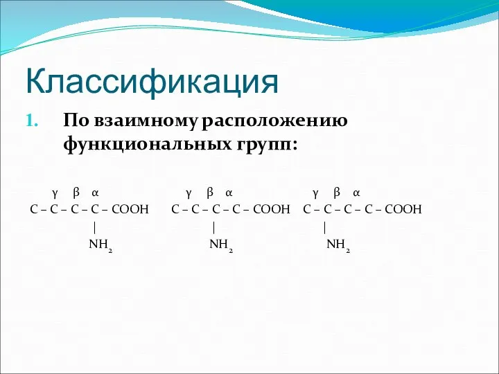 Классификация По взаимному расположению функциональных групп: γ β α γ β