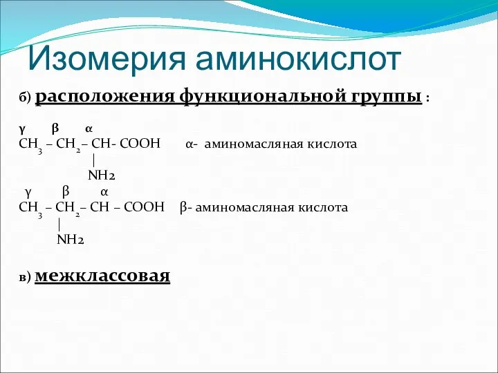 Изомерия аминокислот б) расположения функциональной группы : γ β α СН3