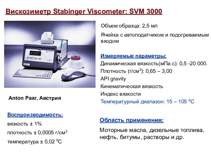 Вискозиметр Stabinger Viscometer: SVM 3000 Объем образца: 2,5 мл Ячейка с