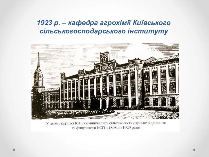 1923 р. – кафедра агрохімії Київського сільськогосподарського інституту