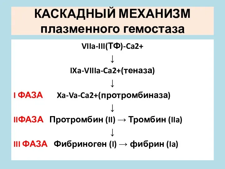 КАСКАДНЫЙ МЕХАНИЗМ плазменного гемостаза VIIa-III(ТФ)-Ca2+ ↓ IXa-VIIIa-Ca2+(теназа) ↓ I ФАЗА Xa-Va-Ca2+(протромбиназа)