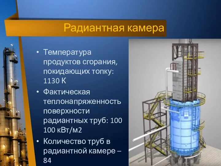 Радиантная камера Температура продуктов сгорания, покидающих топку: 1130 К Фактическая теплонапряженность