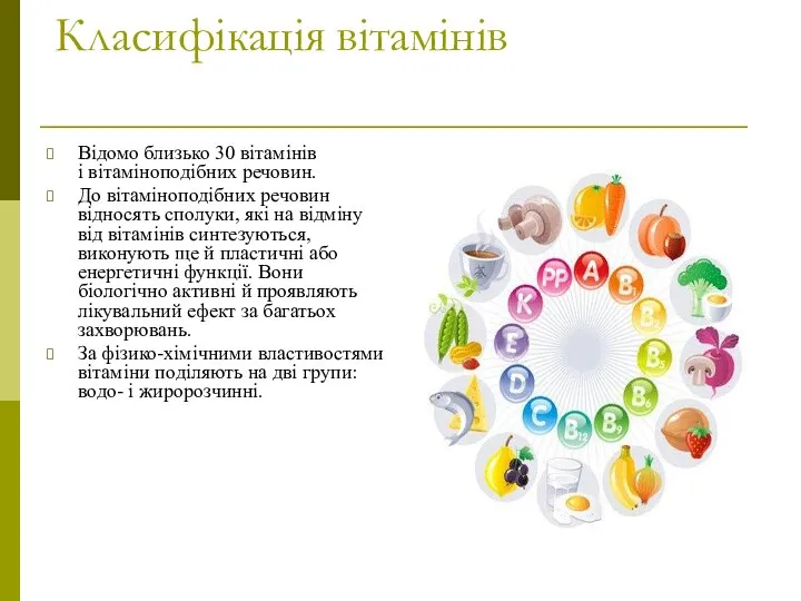 Класифікація вітамінів Відомо близько 30 вітамінів і вітаміноподібних речовин. До вітаміноподібних