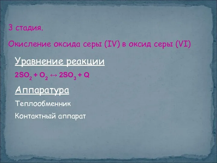 3 стадия. Окисление оксида серы (IV) в оксид серы (VI) Уравнение