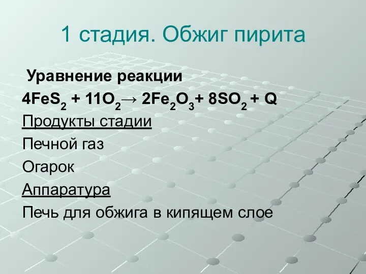 1 стадия. Обжиг пирита Уравнение реакции 4FeS2 + 11O2→ 2Fe2O3+ 8SO2