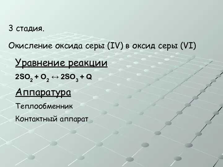 3 стадия. Окисление оксида серы (IV) в оксид серы (VI) Уравнение