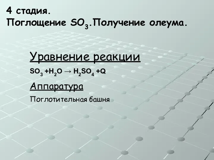 Уравнение реакции SO3 +H2O → H2SO4 +Q Аппаратура Поглотительная башня 4