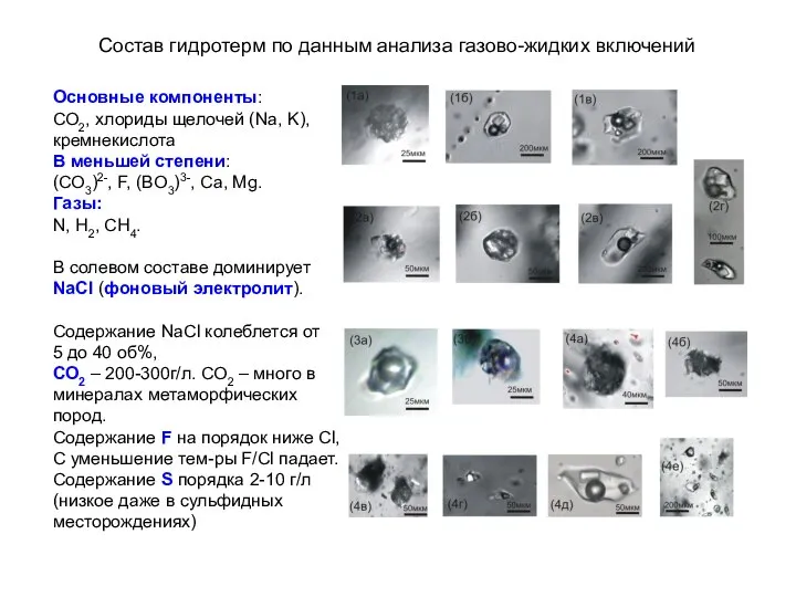 Состав гидротерм по данным анализа газово-жидких включений Основные компоненты: СО2, хлориды