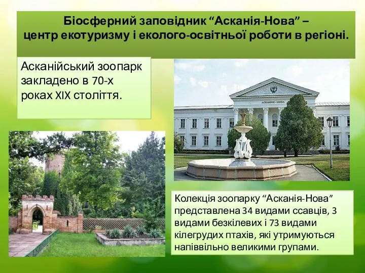 Біосферний заповідник “Асканія-Нова” – центр екотуризму і еколого-освітньої роботи в регіоні.