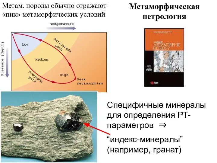 Метаморфическая петрология Метам. породы обычно отражают «пик» метаморфических условий Специфичные минералы