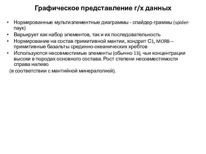 Графическое представление г/х данных Нормированные мультиэлементные диаграммы - спайдер-граммы (spider-паук) Варьирует