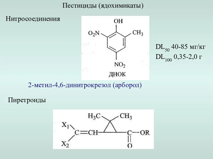 Пестициды (ядохимикаты) Нитросоединения 2-метил-4,6-динитрокрезол (арборол) DL50 40-85 мг/кг DL100 0,35-2,0 г Пиретроиды