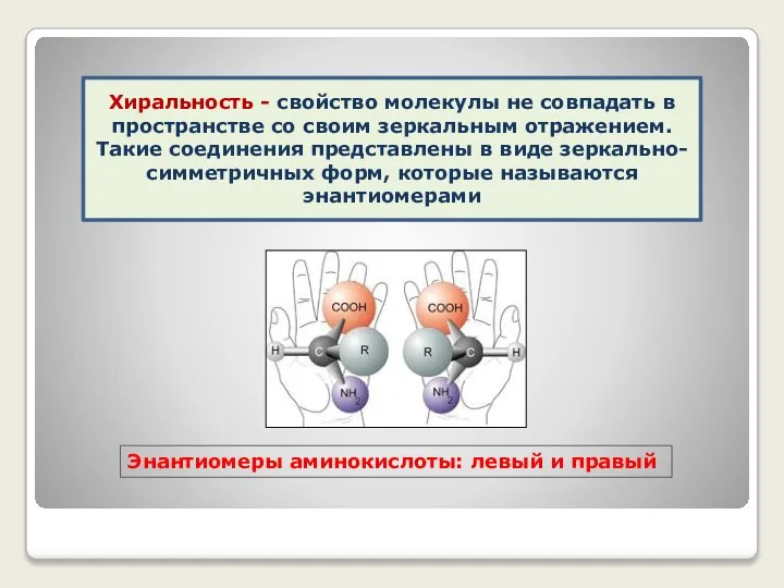 Энантиомеры аминокислоты: левый и правый Хиральность - свойство молекулы не совпадать