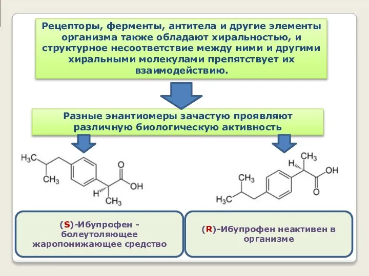 Рецепторы, ферменты, антитела и другие элементы организма также обладают хиральностью, и