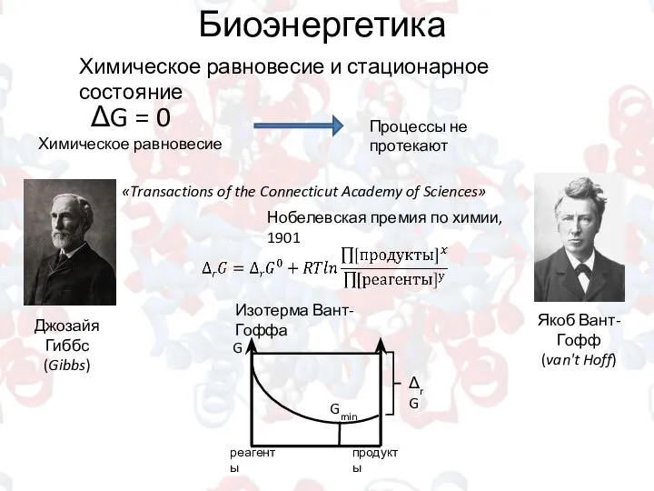 Биоэнергетика Химическое равновесие и стационарное состояние ΔG = 0 Химическое равновесие