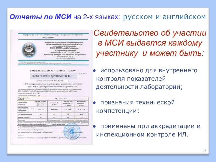 Отчеты по МСИ на 2-х языках: русском и английском Свидетельство об