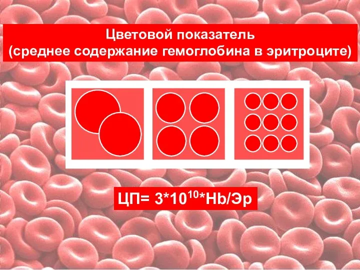 ЦП= 3*1010*Hb/Эр Цветовой показатель (среднее содержание гемоглобина в эритроците)