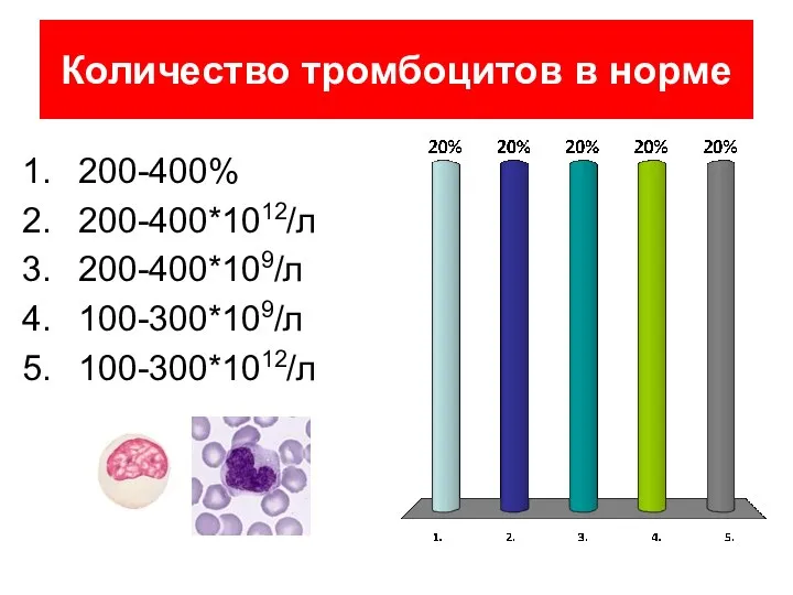 Количество тромбоцитов в норме 200-400% 200-400*1012/л 200-400*109/л 100-300*109/л 100-300*1012/л