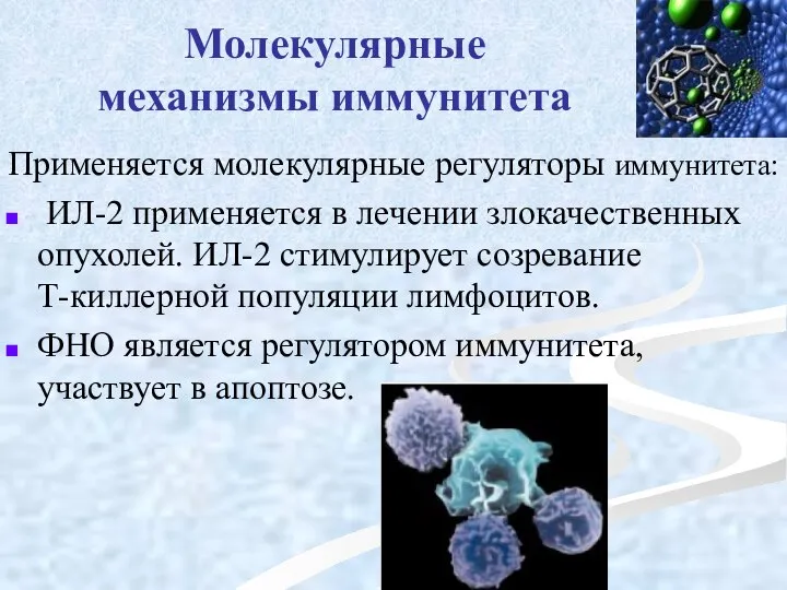 Молекулярные механизмы иммунитета Применяется молекулярные регуляторы иммунитета: ИЛ-2 применяется в лечении