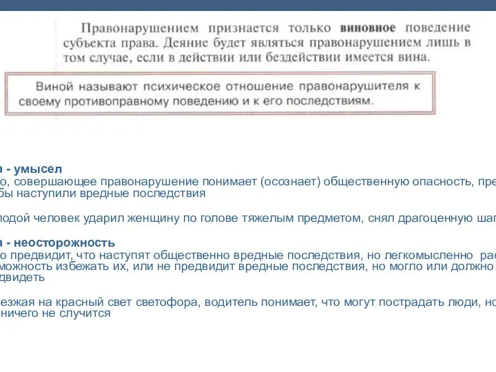 Вина - умысел Лицо, совершающее правонарушение понимает (осознает) общественную опасность, предвидит,