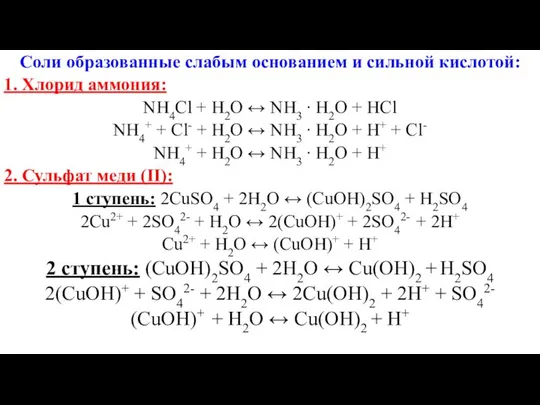 Соли образованные слабым основанием и сильной кислотой: 1. Хлорид аммония: NH4Cl