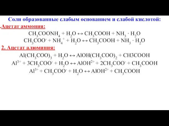 Соли образованные слабым основанием и слабой кислотой: Ацетат аммония: CH3COONH4 +